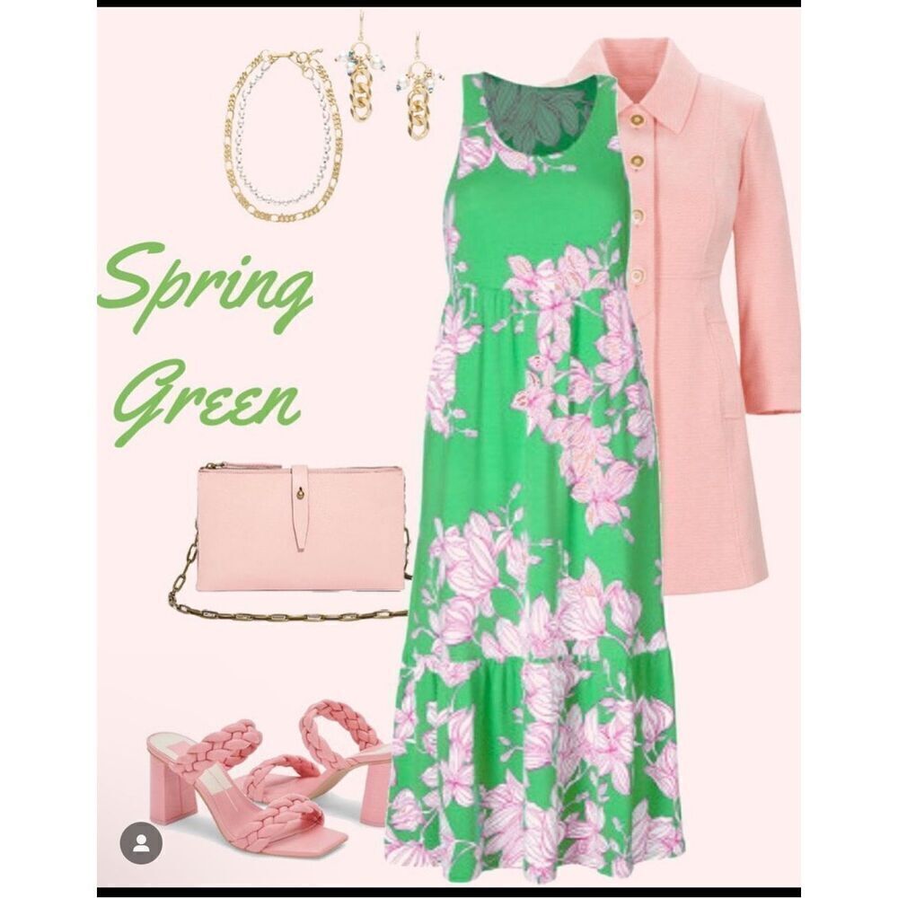 Cabi weekend green pink white floral  midi dress L